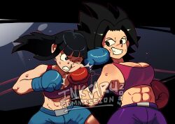  2024 2girls abs artist_name black_eyes black_hair blue_shorts boxing boxing_gloves boxing_ring breasts bruise bruise_on_face caulifla chi-chi_(dragon_ball) cleavage clenched_teeth commentary commission dragon_ball dragon_ball_super face_punch grin highres hime_cut in_the_face injury inktaru large_breasts medium_breasts multiple_girls one_eye_closed pants punching purple_pants shorts smile spiked_hair teeth watermark 