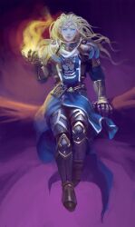  2017 5_fingers armor belt bent_arm blizzard_entertainment blonde_eyebrows blue_clothing blue_eyes blue_sclera book branch chirun circlet closed_smile clothing colored digital_media_(artwork) digital_painting_(artwork) elf eyebrows eyelashes feathers female fingers flowing_hair front_view gem greaves hair hi_res humanoid humanoid_pointy_ears jewelry light lighting lips looking_at_viewer lynnesta_val&#039;kirn magic magic_user mature_female mature_humanoid mouth_closed necklace not_furry on_branch pauldron pink_lips plant purple_background shaded simple_background sitting smile smiling_at_viewer solo tan_body tan_skin tree warcraft 