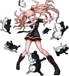  :d bear_hair_ornament black_choker black_footwear black_necktie black_shirt blonde_hair boots bow choker danganronpa:_trigger_happy_havoc danganronpa_(series) enoshima_junko female grey_eyes hair_ornament knee_boots messy_hair miniskirt monokuma necktie official_art oshiro_project:re red_bow red_skirt shirt shirt_bow short_sleeves skirt smile teeth transparent_background twintails upper_teeth_only white_necktie 