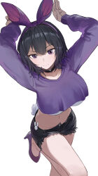  absurdres animal_ears arms_up bare_legs black_choker black_hair black_shorts breasts choker closed_mouth commission crop_top crop_top_overhang cutoffs denim denim_shorts fake_animal_ears female hairband high_heels highres large_breasts leg_up long_sleeves looking_at_viewer midriff navel open_fly original purple_eyes purple_shirt rabbit_ears rabbit_pose rabbit_tail shirt short_hair short_shorts shorts simple_background smile solo stomach tail thighs undershirt white_background zaq_(zaqsta) 