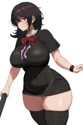  absurdres black_dress black_hair black_thighhighs bow breasts covered_navel cowboy_shot dress female highres houjuu_nue large_breasts medium_hair moriforest1040 red_bow red_eyes short_dress short_sleeves solo thick_thighs thighhighs thighs touhou white_background 