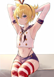  1boy armpits arms_behind_head arms_up azulasi black_neckerchief black_panties blonde_hair blue_eyes blue_sailor_collar blue_shorts cosplay crop_top crossdressing elbow_gloves gloves hair_between_eyes highleg highleg_panties highres kagamine_len kantai_collection micro_shorts midriff navel neckerchief otoko_no_ko panties sailor_collar shimakaze-kun shimakaze_(kancolle) shimakaze_(kancolle)_(cosplay) short_hair shorts sitting striped_clothes striped_thighhighs thighhighs thong underwear vocaloid white_gloves 