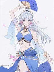  bathroomprince blue_eyes blue_hair breasts choker dancer female genshin_impact hand_fan high_ponytail highres holding holding_fan kamisato_ayaka mole mole_under_eye navel petals ponytail see-through see-through_sleeves simple_background solo 