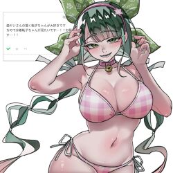  :d alternate_costume bare_shoulders bikini blunt_bangs blush breasts brown_hair chabashira_tenko choker collarbone cowboy_shot danganronpa_(series) danganronpa_v3:_killing_harmony female ha_(user_efmy3542) hair_ribbon hairband highres large_breasts mole mole_under_mouth navel pink_choker pink_hairband plaid_bikini plaid_clothes ribbon shiny_skin simple_background smile solo stomach swimsuit translation_request 