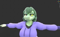  3d_(artwork) anthro baryonyx cavemanon_studios clothed clothing cosmicbyte digital_media_(artwork) dinosaur female green_body green_hair hair hoodie i_wani_hug_that_gator olivia_halford prehistoric_species pupils reptile scalie slit_pupils solo spinosaurid t-pose theropod topwear unfinished yellow_sclera 