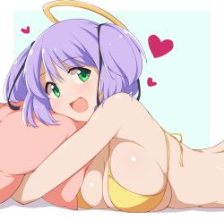  :d angel aqua_background bare_shoulders bikini black_ribbon blush bokusatsu_tenshi_dokuro-chan border breasts commentary_request dou-t eyes_visible_through_hair female from_side green_eyes hair_between_eyes hair_ribbon halo happy heart highres hugging_object large_breasts looking_at_viewer medium_hair mitsukai_dokuro open_mouth outside_border pillow pillow_hug pink_pillow purple_hair ribbon sideboob simple_background skindentation smile solo swimsuit tareme twintails upper_body white_border yellow_bikini yellow_halo 