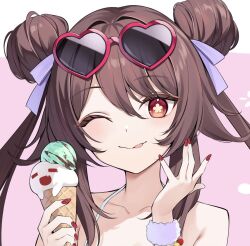  ;p alternate_hairstyle bare_shoulders brown_hair collarbone commentary double_bun eyewear_on_head female fingernails flower-shaped_pupils genshin_impact hair_between_eyes hair_bun heart heart-shaped_eyewear holding holding_ice_cream_cone hu_tao_(genshin_impact) ice_cream_cone long_fingernails long_hair looking_at_viewer nail_polish one_eye_closed pink_background portrait red_eyes red_nails solo symbol-shaped_pupils tinted_eyewear tokitamago_(tokita_mago1) tongue tongue_out twintails unfinished 