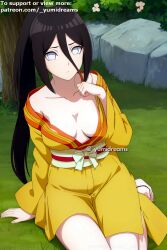  _yumidreams ai_generated black_hair boruto:_naruto_next_generations cleavage hanabi_hyuuga hyuuga_hanabi light-skinned_female light_skin long_hair looking_at_viewer medium_breasts neckline only_female outdoors ponytail shueisha sitting tv_tokyo white_eyes yellow_kimono 