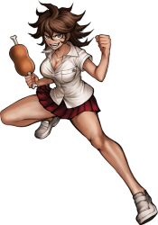  boned_meat breasts brown_eyes brown_hair cleavage collarbone danganronpa_(series) danganronpa_2:_goodbye_despair female food hair_between_eyes holding holding_food large_pectorals meat miniskirt official_art oshiro_project:re owari_akane pectorals pleated_skirt red_skirt shiny_skin shoes short_sleeves skirt smile transparent_background 