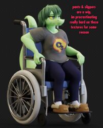  3d_(artwork) anthro baryonyx cavemanon_studios clothed clothing cosmicbyte digital_media_(artwork) dinosaur disability english_text female footwear freckled_face freckles green_body green_hair hair i_wani_hug_that_gator olivia_halford prehistoric_species pupils reptile scalie shoes slippers slit_pupils solo spinosaurid text theropod unfinished vehicle wheelchair yellow_sclera 