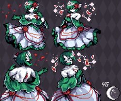  argyle_background breasts colored_skin commentary english_commentary female gardevoir green_hair green_skin highres multicolored_skin multiple_views one_eye_covered pixel_art pokemon pokemon_(creature) red_eyes signature two-tone_skin white_skin yummyglitzer 