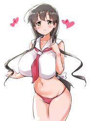  black_hair blush breasts closed_mouth crop_top female green_eyes hair_tie hand_on_own_chest heart huge_breasts iwato_kasumi long_hair looking_at_viewer momoiro_tunozemi navel panties pink_panties sailor saki_(manga) simple_background smile solo underwear white_background 