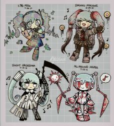  1.76_mhz 4girls all-around_helper alleesaur aqua_hair blood blood_in_hair blood_on_clothes blood_on_face blue_hair cape closed_eyes da_capo_(e.g.o) dress e.g.o_(project_moon) fusion grey_dress grinder_mk4_(e.g.o) hair_ornament happy harmony_(e.g.o) hatsune_miku headphones headset highres holding holding_scythe holding_weapon lobotomy_corporation long_hair microphone multiple_girls musical_note musical_note_hair_ornament noise_(e.g.o) open_mouth project_moon scythe singing_machine smile static the_silent_orchestra twintails very_long_hair vocaloid weapon white_cape white_dress 