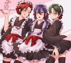  3boys :p akatsuki_(ensemble_stars!) apron bangs_pinned_back black_dress black_hair black_thighhighs blush bow cherry_blossoms closed_mouth cowboy_shot crossdressing dress drinking_straw earrings ensemble_stars! food furisode_sleeves furrowed_brow green_eyes green_hair hair_between_eyes hair_ornament hairbow hand_on_another&#039;s_shoulder hand_up haruko_21 hasumi_keito highres holding holding_tray ice_cream ice_cream_float japanese_clothes jewelry kanzaki_souma kimono_dress kiryu_kuro long_hair long_sleeves looking_at_viewer maid maid_apron maid_headdress male_focus multiple_boys multiple_earrings pink_background pleated_dress ponytail purple_eyes purple_hair red_bow red_hair red_sash red_trim ribbon-trimmed_collar ribbon_trim sash short_dress sidelocks spiked_hair striped_background tassel teeth thighhighs tongue tongue_out tray upper_teeth_only v-shaped_eyebrows wa_maid wide_sleeves x_hair_ornament zettai_ryouiki 