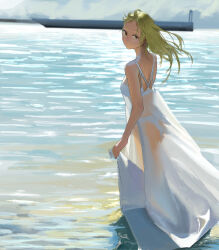  blonde_hair bra clip_studio_paint_(medium) commentary day dress english_commentary expressionless female floating_hair highres jin_yu0810 looking_at_viewer original outdoors panties pier see-through see-through_dress skirt_hold solo underwear water white_bra white_dress white_panties yellow_eyes 