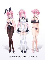  absurdres animal_ears bikini black_bikini black_dress black_footwear black_leotard black_pantyhose blue_eyes blush bocchi_the_rock! breasts cleavage cleavage_cutout closed_mouth clothing_cutout copyright_name cube_hair_ornament double_bun dress fake_animal_ears fake_tail female frilled_bikini frills full_body gotoh_hitori hair_between_eyes hair_bun hair_ornament heart_cutout high_heels highres large_breasts leotard looking_at_viewer multiple_views one_side_up open_mouth pantyhose rabbit_ears rabbit_tail simple_background standing strapless strapless_leotard swimsuit tail thighhighs thighs white_background white_footwear white_thighhighs yoru0409 