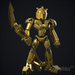  3d_(artwork) ambiguous_gender armor better_version_at_paywall biomechanical bionicle blender_(artwork) digital_media_(artwork) gabby94 glowing glowing_eyes gold_body gradient_background hi_res humanoid lego looking_at_viewer machine mask not_furry red_eyes robot robot_humanoid simple_background solo staff takanuva toa 