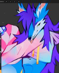  2024 ambiguous_gender anthro art_program_in_frame black_nose blep blue_body blue_clothing blue_fur blue_hoodie blue_topwear canid canine cheek_tuft clothed clothing ear_tuft facial_tuft fur gradient_clothing green_eyes grey_background hair hand_on_leg hand_on_own_leg hi_res hoodie legwear long_hair mammal nudelinooo pattern_clothing pattern_legwear pattern_thigh_highs pink_clothing pink_hoodie pink_inner_ear pink_legwear pink_thigh_highs pink_tongue pink_topwear purple_hair simple_background smile solo striped_clothing striped_legwear striped_thigh_highs stripes thigh_highs tongue tongue_out topwear tuft two_tone_hoodie 