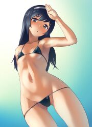  bikini black_bikini black_hair blue_background breasts cowboy_shot female girls_und_panzer gradient_background hairband highres looking_at_viewer lowleg lowleg_bikini navel reizei_mako sasaki_tatsuya shading_eyes small_breasts solo swimsuit white_hairband 