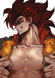  1boy blue_eyes dragon_ball dragon_ball_gt english_commentary fingernails gogeta grin highres kimo long_hair looking_at_viewer looking_to_the_side male_focus metamoran_vest muscular muscular_male oerba_yun_fang pectorals red_fur red_hair sharp_fingernails smile solo spiked_hair super_saiyan super_saiyan_4 upper_body white_background 