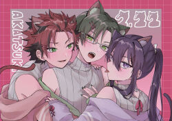  3boys akatsuki_(ensemble_stars!) alternate_costume animal_ear_fluff animal_ears black_hair bow cat_boy cat_day cat_ears cat_tail clothes_down clothing_cutout cross-laced_clothes cross-laced_sleeves dated english_text ensemble_stars! fangs glasses gradient_background green_eyes green_hair green_nails grey-framed_eyewear grid_border hair_between_eyes hair_ornament hairclip hand_on_another&#039;s_chest haruko_21 hasumi_keito head_rest head_tilt heart_cutout highres hug hug_from_behind kanzaki_souma kiryu_kuro long_hair looking_at_another looking_at_viewer looking_back male_focus multicolored_hair multiple_boys pink_bow ponytail purple_eyes purple_hair purple_nails raised_eyebrow red_hair red_nails shirt sidelocks sleeveless sleeveless_shirt sleeveless_turtleneck sleeves_past_wrists spiked_hair tail teeth tongue tongue_out turtleneck upper_teeth_only 