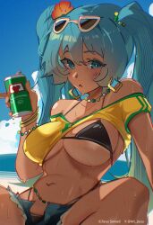  :o aqua_hair arm_support artist_name bead_necklace beads bikini black_bikini blush brazilian_miku can cloud collarbone earrings eyewear_on_head female guarana_antarctica hatsune_miku highres jewelry jhaysie looking_at_viewer necklace one_breast_out short_shorts shorts sitting sky solo sunglasses swimsuit tan tanlines tareme unbuttoned vocaloid water 