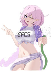  absurdres breasts buruma clothes_writing cowboy_shot elf elysia_(herrscher_of_human:_ego)_(honkai_impact) elysia_(honkai_impact) female highres holding holding_hose honkai_(series) honkai_impact_3rd hose large_breasts long_braid long_hair looking_at_viewer marin_liekuriva midriff navel official_alternate_costume one_eye_closed open_mouth pink_hair pointy_ears purple_eyes purple_sarong purple_shirt sarong shirt solo teeth thighs tied_shirt two-tone_shirt upper_teeth_only v very_long_hair white_background white_buruma white_shirt 