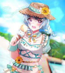  asahi_rise bang_dream! bikini blue_hair blue_nails blurry blurry_background blush braid breasts brown_hat cleavage collar commentary_request day earrings female flower hair_flower hair_ornament hairclip hat hat_flower highres holding holding_ice_cream_cone ice_cream_cone jewelry matsubara_kanon midriff nail_polish open_mouth outdoors partial_commentary purple_eyes solo sun_hat sunflower swimsuit twin_braids white_bikini 