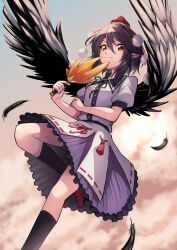  ashiroku_(miracle_hinacle) bird_wings black_hair black_ribbon black_skirt black_socks black_wings cloud collared_shirt commentary_request feathered_wings feathers female foot_out_of_frame hand_fan hat hauchiwa highres holding holding_fan kneehighs looking_at_viewer lotus_eaters medium_hair neck_ribbon pointy_ears pom_pom_(clothes) puffy_short_sleeves puffy_sleeves purple_skirt red_eyes red_footwear red_hat red_ribbon ribbon ribbon-trimmed_skirt ribbon_trim shameimaru_aya shirt short_sleeves skirt socks solo tokin_hat touhou two-tone_skirt white_shirt wings 