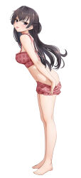  absurdres ass barefoot bikini bikini_bottom_pull bikini_shorts black_eyes black_hair breasts feet female frilled_bikini frills from_side full_body gibun_(sozoshu) highres leaning_forward legs long_hair looking_at_viewer medium_breasts plaid_bikini plaid_clothes red_bikini shorts simple_background solo standing suou_yuki swimsuit toes tokidoki_bosotto_roshia-go_de_dereru_tonari_no_alya-san tongue white_background 