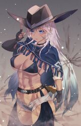  abs absurdres annasui_factory azur_lane belt black_belt blue_eyes blue_poncho breasts cowboy_hat cowboy_western dark-skinned_female dark_skin female fingerless_gloves gloves grey_shorts gun hat highres indiana_(azur_lane) indiana_(high_noon_arrest)_(azur_lane) large_breasts long_hair looking_at_viewer official_alternate_costume poncho revolver shorts solo toned_female weapon white_hair 