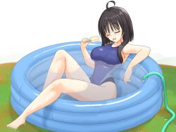  :d ahoge bare_arms bare_legs barefoot bathing black_hair blush breasts closed_eyes collarbone commentary_request competition_swimsuit curvy female food full_body grass hair_between_eyes hair_over_shoulder hand_up happy highleg highleg_one-piece_swimsuit highres hitachi_mako holding holding_food holding_popsicle hose knee_up large_breasts leaning_back one-piece_swimsuit open_mouth outdoors popsicle relaxing senren_banka shirayamakoma short_hair_with_long_locks simple_background sitting smile solo straight_hair swimsuit thighs toes wading_pool water wet wet_clothes wet_swimsuit white_background 