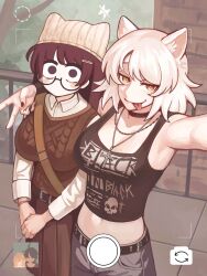  2girls :p absurdres animal_ear_fluff animal_ears bakeneko black_hair black_hanekawa breasts cat_ears cat_girl choker commentary_request crop_top dual_persona glasses hanekawa_tsubasa hat highres kiwsos large_breasts long_hair medium_hair midriff monogatari_(series) multiple_girls purple_eyes skirt smile tongue tongue_out white_hair yellow_eyes 