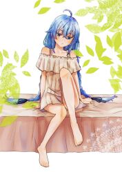  ahoge arm_support bare_legs barefoot blue_eyes blue_hair braid collarbone crossed_bangs dress feet female full_body hair_between_eyes highres knees_up long_braid long_hair looking_at_viewer masaki_natsume mushoku_tensei roxy_migurdia short_dress sitting solo toes twin_braids very_long_hair white_dress yaken_(11keionnota06) 