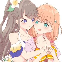  2girls :d adapted_costume aqua_eyes arms_around_neck bikini blue_bikini blush breasts brown_hair cleavage closed_mouth collarbone crossed_bangs eye_contact flower flower_bikini front-tie_bikini_top front-tie_top fujishima_megumi gradient_bikini hair_flower hair_ornament half_updo hanazora_satsuki highres hinoshita_kaho hinoshita_kaho_(swimsuit) hug hug_from_behind jacket jacket_over_swimsuit large_breasts link!_like!_love_live! long_hair looking_at_another love_live! love_live!_school_idol_project medium_hair midriff multiple_girls natsuiro_egao_de_1_2_jump! navel off-shoulder_bikini off_shoulder official_alternate_costume open_clothes open_jacket open_mouth orange_bikini orange_hair passion!!!!!!_(love_live!) pink_flower pink_jacket plumeria purple_eyes rabbit_hair_ornament self_borrowed_hairstyle sidelocks simple_background smile split_mouth striped_bikini striped_clothes swimsuit two_side_up upper_body virtual_youtuber white_background white_bikini white_flower yuri 