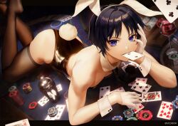  1boy absurdres animal_ears ass black_hair black_leotard black_thighhighs card casino fake_animal_ears fake_tail genshin_impact glass hair_between_eyes hairband highres leotard looking_at_viewer male_focus mouth_hold otoko_no_ko purple_eyes rabbit_ears rabbit_tail scaramouche_(genshin_impact) short_hair smile solo tail thighhighs vcoooh white_hairband 