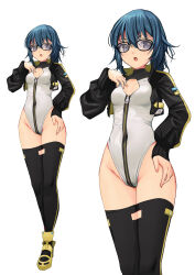  absurdres alice_gear_aegis black_jacket black_thighhighs blue_hair breasts circle_cutout cleavage_cutout clothing_cutout companion/af covered_collarbone cowboy_shot female front_zipper full-length_zipper full_body glasses highleg highleg_leotard highres itokura_neo jacket leotard medium_hair multiple_views ponytail race_queen simple_background sleeveless_turtleneck_leotard small_breasts solo thighhighs turtleneck turtleneck_leotard two-tone_leotard white_background white_leotard yashin_(yasinz) zipper zipper_leotard zipper_pull_tab 