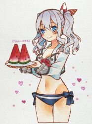  absurdres adapted_costume bikini blue_bikini blue_eyes cowboy_shot cropped_jacket cropped_legs female food frilled_sleeves frills fruit grey_hair grey_jacket highres jacket kantai_collection kashima_(kancolle) kujiramaru navel side-tie_bikini_bottom solo swimsuit twintails twitter_username watermelon watermelon_slice wavy_hair 