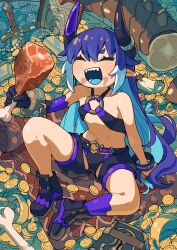  belt black_footwear blue_hair bone boned_meat book bracelet chains closed_eyes coin cuffs dragon_girl eating elbow_gloves female flat_chest food food_on_face gem gloves gold_coin greentanuki halterneck highres holding holding_food horn_ornament horns jewelry light_blue_hair meat multicolored_hair necklace o-ring original pearl_necklace planted planted_sword pointy_ears severed_tail shackles sharp_teeth shield shoes silver_(metal) single_glove single_sock sitting socks solo sword teeth treasure weapon 