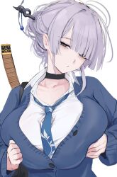  absurdres bags_under_eyes black_choker blazer blue_jacket blue_necktie breasts breasts_squeezed_together choker collarbone collared_shirt female grey_eyes grey_hair hair_bun hair_ornament hair_stick halo highres itokonoue_kaoru jacket large_breasts looking_at_viewer loose_necktie necktie project_kv shirt solo sword tobiko weapon white_shirt 