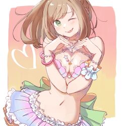  ;p bare_arms bare_shoulders bikini bikini_top_only blue_bikini blue_skirt blush bracelet breasts brown_hair chanosuke cleavage female frilled_skirt frills gradient_background gradient_clothes gradient_skirt green_eyes green_sash hands_up head_tilt heart heart_arms heart_bracelet idolmaster idolmaster_cinderella_girls jewelry large_breasts long_hair looking_at_viewer medium_bangs midriff miniskirt navel official_alternate_costume one_eye_closed pink_bikini pink_skirt red_background sash sato_shin shell shell_bikini single_wrist_cuff skirt solo standing swimsuit tongue tongue_out two-tone_bikini two-tone_skirt upper_body white_background wrist_cuffs yellow_background 