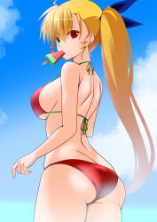  bikini blonde_hair bow breasts engo_(aquawatery) female food food_in_mouth green_eyes hairbow heterochromia highres large_breasts long_hair looking_at_viewer looking_back lyrical_nanoha mouth_hold popsicle popsicle_in_mouth red_bikini red_eyes sideboob solo sweat swimsuit vivio 