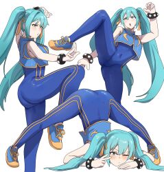  absurdres aqua_eyes aqua_hair ass blue_bodysuit blue_vest bodysuit bracelet chun-li chun-li_(cosplay) cosplay female fighting_stance hatsune_miku high_kick highres jack-o&#039;_challenge jewelry kicking leg_lift long_hair multiple_views nisakusa simple_background street_fighter street_fighter_zero_(series) studded_bracelet twintails vest vocaloid white_background 