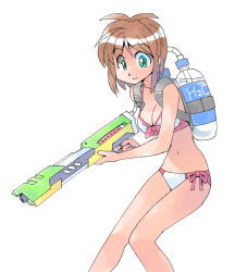  bikini bottle breasts brown_hair collarbone female front-tie_top green_eyes highres holding holding_water_gun looking_at_viewer masuki navel original parted_bangs pink_bikini short_hair side-tie_bikini_bottom simple_background solo standing strap_gap swimsuit two-tone_bikini water_bottle water_gun white_background white_bikini 