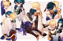  2boys @_@ absurdres aether_(genshin_impact) ahoge animal_ears aqua_hair arm_tattoo bead_necklace beads black_gloves black_hair black_mask blonde_hair blue_pants blush braid cat_boy cat_ears cat_tail closed_eyes closed_mouth earrings facial_mark forehead_mark genshin_impact gloves green_hair hair_between_eyes highres jewelry long_hair male_focus multicolored_hair multiple_boys necklace open_mouth pants shirt short_hair sleepy smile tail tattoo vcoooh white_shirt xiao_(genshin_impact) yaoi yellow_eyes yellow_tail 