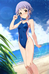  :o beach bikini blue_bow blue_neckerchief blue_one-piece_swimsuit blue_sailor_collar blue_sky blush bow breasts cloud collarbone commentary_request competition_swimsuit covered_navel day feet_out_of_frame female hand_up highleg highleg_one-piece_swimsuit highres idolmaster idolmaster_million_live! legs looking_at_viewer makabe_mizuki neckerchief ocean one-piece_swimsuit outdoors plant purple_hair rocktaso_co_ltd sailor_collar short_hair sidelocks sky small_breasts solo stomach swimsuit thighs v wavy_hair yellow_eyes 