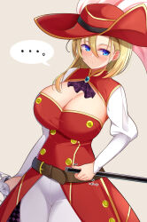  ... aqua_gemstone ascot belt blonde_hair blue_eyes blush breasts brooch brown_belt checkered_clothes checkered_dress cleavage cleavage_cutout clothing_cutout commentary cowboy_shot dress dutch_angle female grey_background hair_behind_ear hair_between_eyes hat highres holding holding_sheath holding_sword holding_weapon huge_breasts jewelry juliet_sleeves large_hat long_hair long_sleeves looking_to_the_side pants puffy_sleeves purple_ascot red_dress red_hat sabine_(sennen_sensou_aigis) sennen_sensou_aigis sheath sideways_glance simple_background solo speech_bubble spoken_ellipsis sword two-sided_dress two-sided_fabric weapon white_pants yasagure2828 