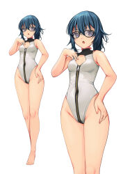  absurdres alice_gear_aegis barefoot blue_hair breasts circle_cutout cleavage_cutout clothing_cutout companion/af covered_collarbone cowboy_shot female front_zipper full-length_zipper full_body glasses highleg highleg_leotard highres itokura_neo leotard medium_hair multiple_views ponytail race_queen simple_background sleeveless_turtleneck_leotard small_breasts solo turtleneck turtleneck_leotard two-tone_leotard white_background white_leotard yashin_(yasinz) zipper zipper_leotard zipper_pull_tab 