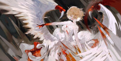  azubull blonde_hair blood blood_on_body blood_on_face blood_on_hands chimera commentary dungeon_meshi english_commentary falin_touden falin_touden_(chimera) feathers female monster_girl profile short_hair solo spoilers white_feathers wings 