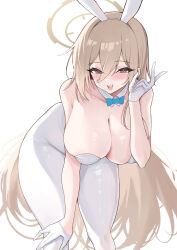  absurdres akane_(blue_archive) akane_(bunny)_(blue_archive) animal_ears bare_arms bent_over blue_archive blue_bow blush bow breasts brown_eyes brown_halo cleavage detached_collar fake_animal_ears female funaya_(a2brasd) gloves hair_between_eyes halo highres large_breasts light_brown_hair long_hair looking_at_viewer open_mouth pantyhose playboy_bunny rabbit_ears simple_background smile solo teeth upper_teeth_only very_long_hair white_background white_gloves white_pantyhose 